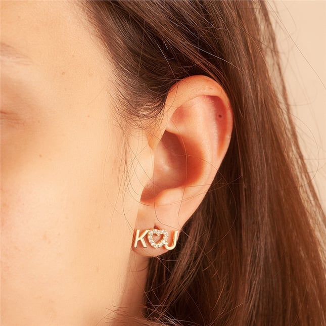 CZ Heart Initial Letter Stud Solid Gold Earring