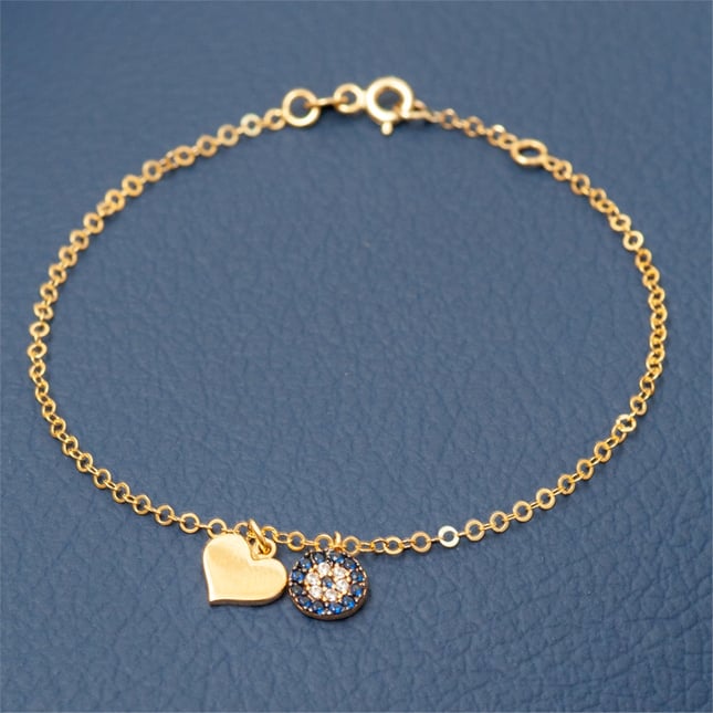 Evil Eye Heart Dangle Charm Solid Gold Bracelet