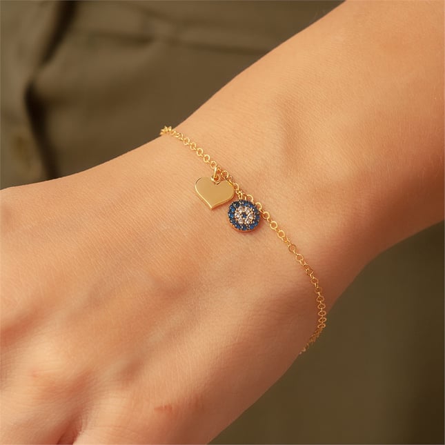 Evil Eye Heart Dangle Charm Solid Gold Bracelet