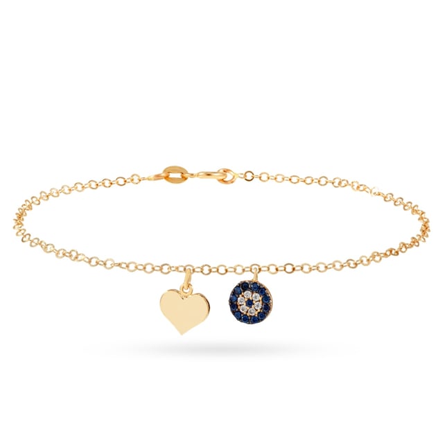 Evil Eye Heart Dangle Charm Solid Gold Bracelet