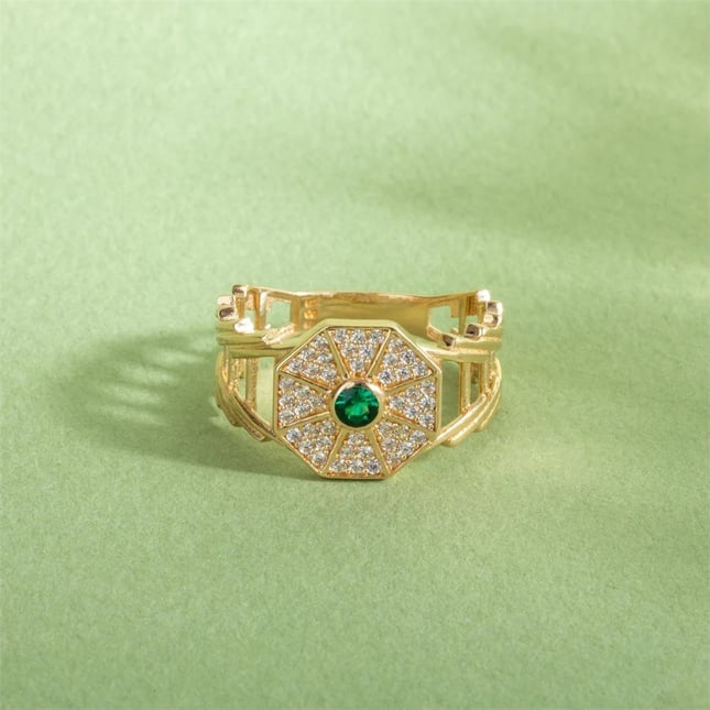 CZ Art Deco Geometric Octagonal Signet Art Deco Solid Gold Ring
