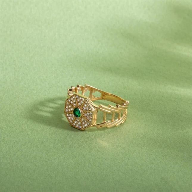 CZ Art Deco Geometric Octagonal Signet Art Deco Solid Gold Ring