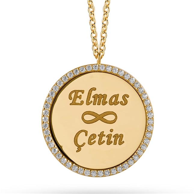 CZ Nama Date Halo Disc Solid Gold Necklace