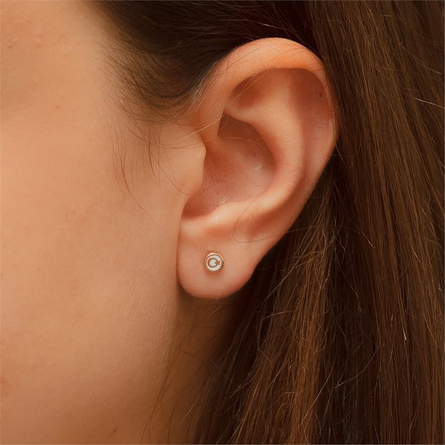 Circle Initial Letter Crescent Moon and Star Star Stud Solid Gold Earring
