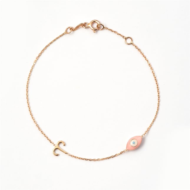 Initial Pink Marquise Evil Eye and Zodiac Charm Chain Solid Gold Bracelet