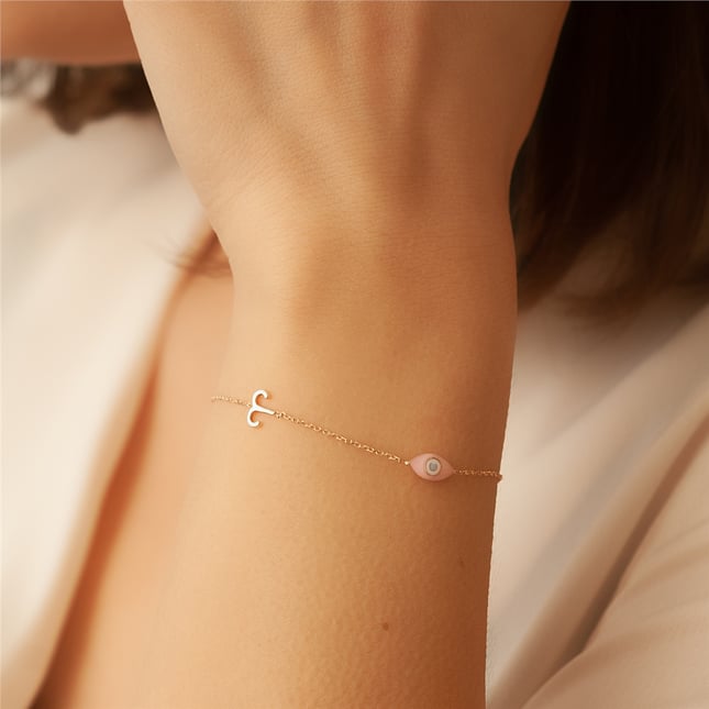 Initial Pink Marquise Evil Eye and Zodiac Charm Chain Solid Gold Bracelet