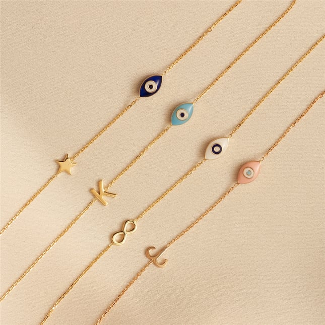 Initial Pink Marquise Evil Eye and Zodiac Charm Chain Solid Gold Bracelet