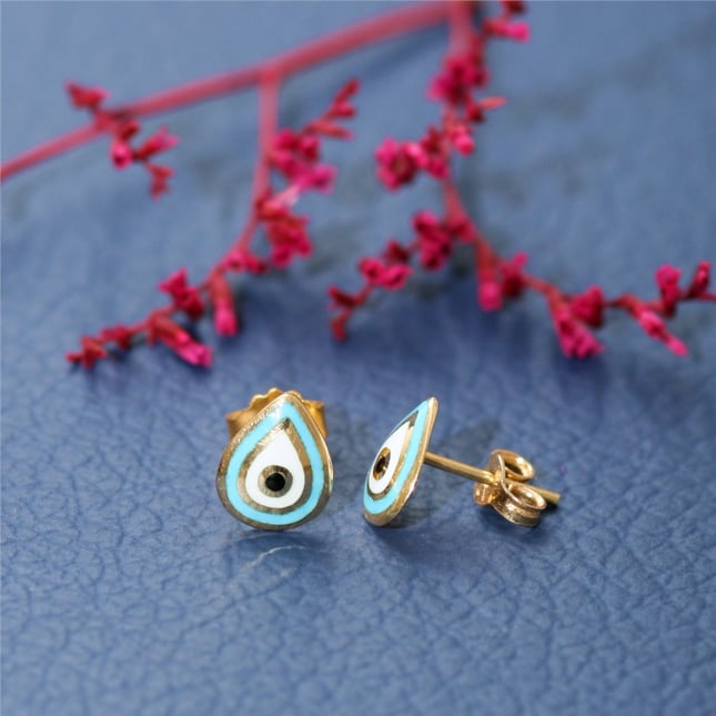 Teardrop Evil Eye Stud Solid Gold Earring