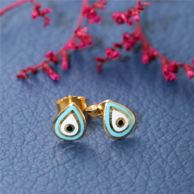 Teardrop Evil Eye Stud Solid Gold Earring