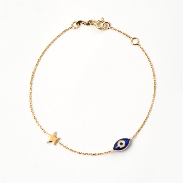 Blue Marquise Evil Eye and Star Chain Solid Gold Bracelet