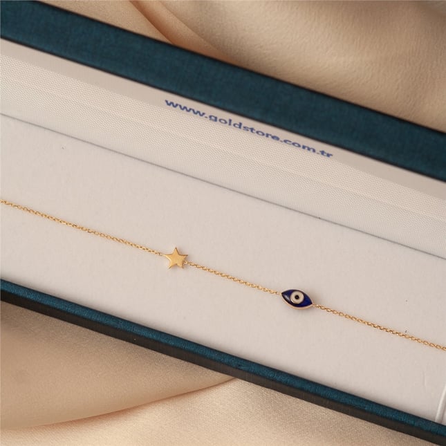 Blue Marquise Evil Eye and Star Chain Solid Gold Bracelet