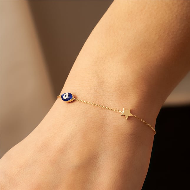Blue Marquise Evil Eye and Star Chain Solid Gold Bracelet