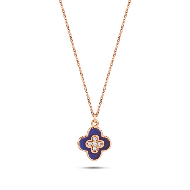 CZ Venetian Aura Lapis Enamel Quatrefoil Pendant Solid Gold Necklace