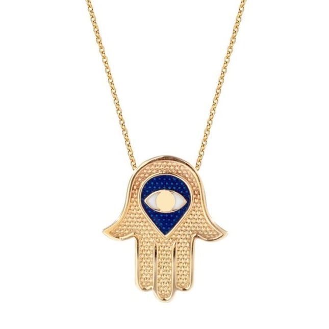 Evil Eye Hamsa Hand of Fatima Solid Gold Necklace