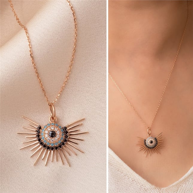 Evil Eye Halo Solid Gold Necklace