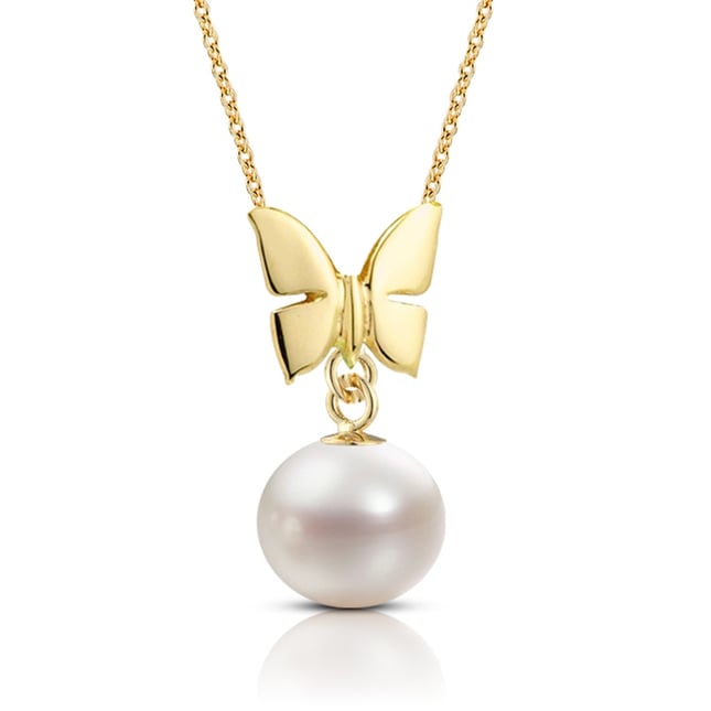 Pearl Butterfly Pearl Charm Drop Solid Gold Necklace