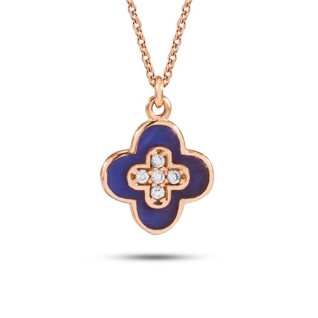 CZ Venetian Aura Lapis Enamel Quatrefoil Pendant Solid Gold Necklace