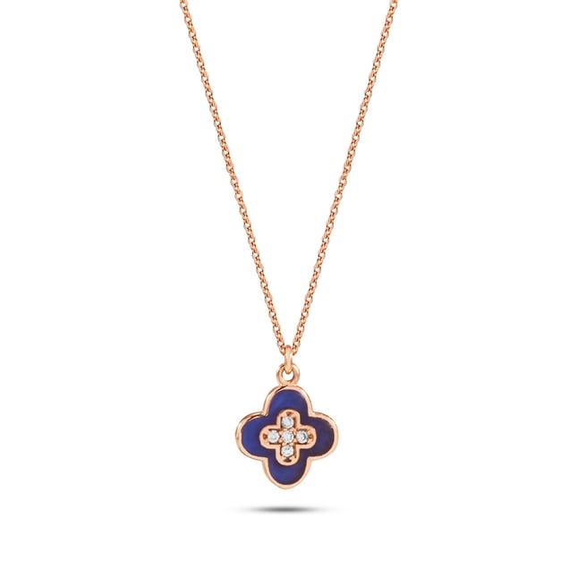 CZ Venetian Aura Lapis Enamel Quatrefoil Pendant Solid Gold Necklace