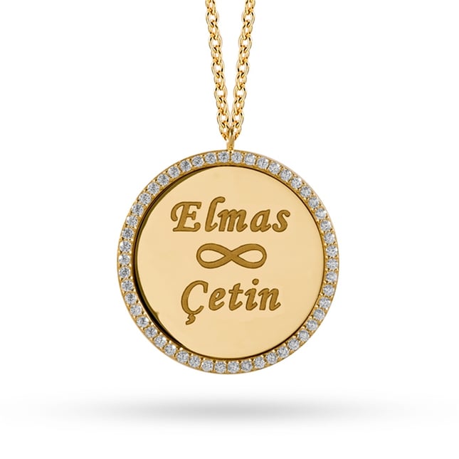 CZ Nama Date Halo Disc Solid Gold Necklace