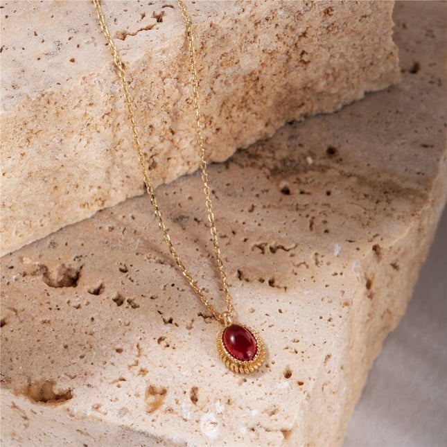 Vintage Oval Red CZ Ruby Solid Gold Necklace