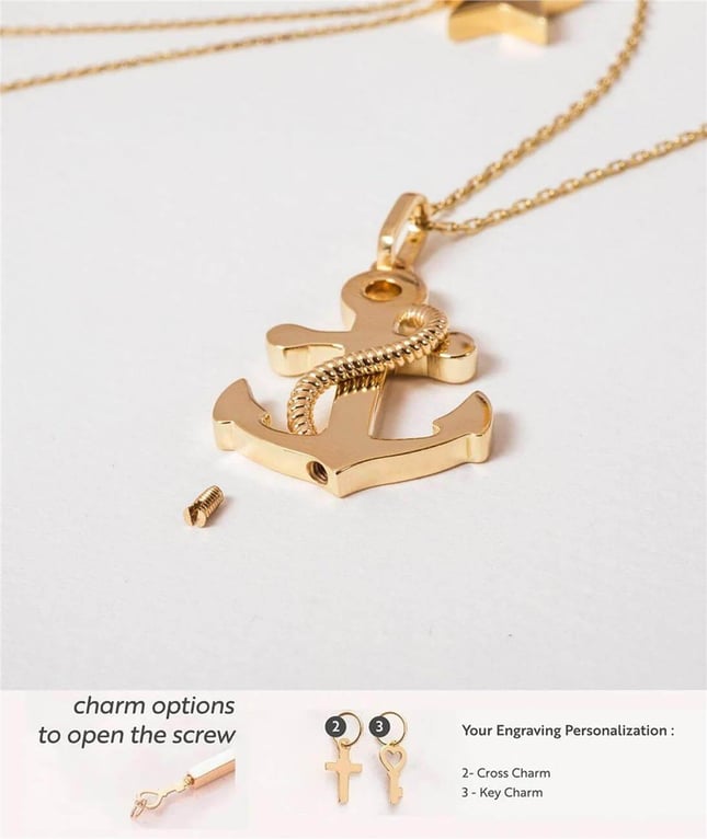 Cremation Anchor Engraved Solid Gold Necklace