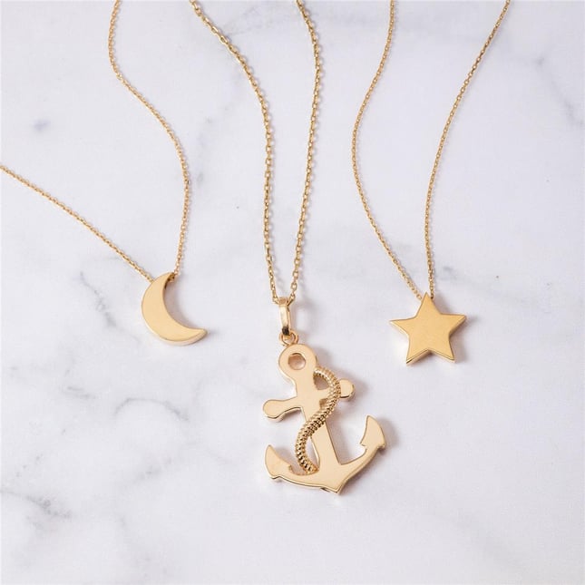 Cremation Anchor Engraved Solid Gold Necklace