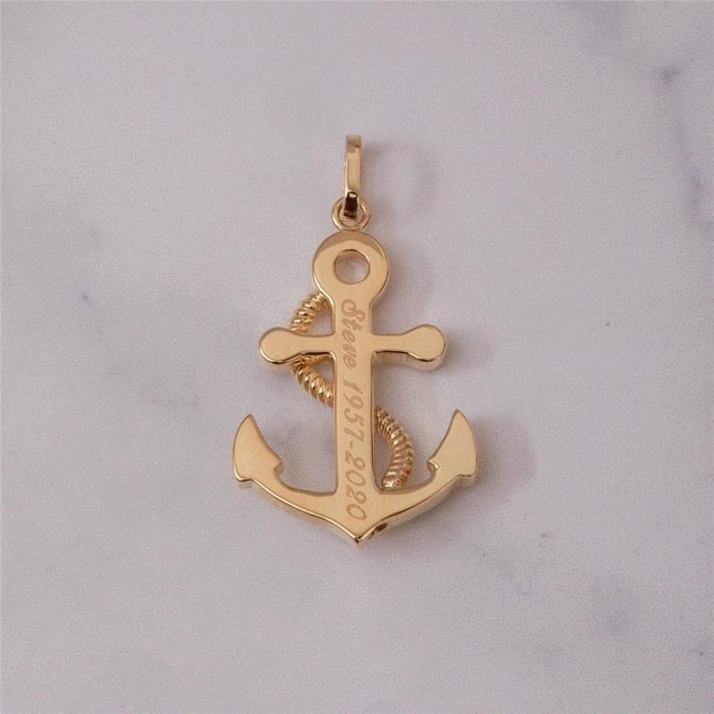 Cremation Anchor Engraved Solid Gold Necklace
