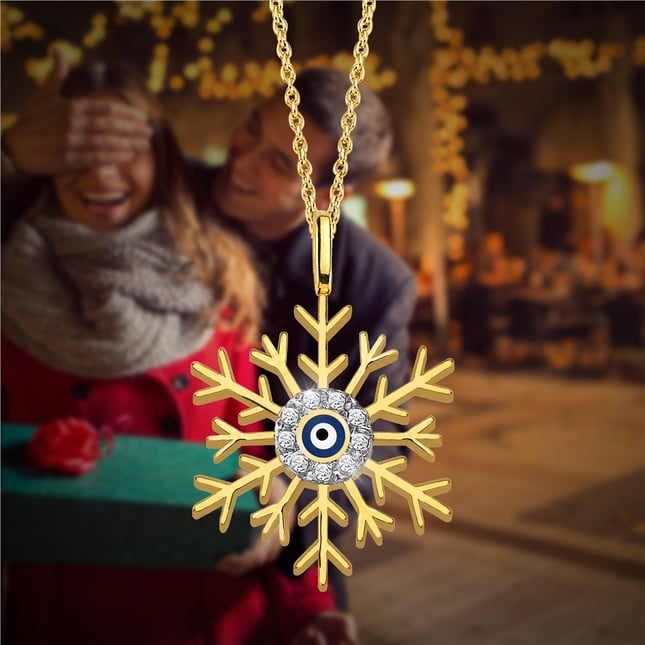 Evil Eye Snowflake Halo Solid Gold Necklace