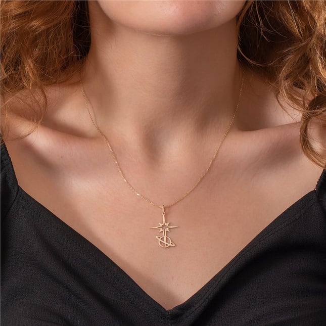 North Star Saturn Initial Solid Gold Necklace