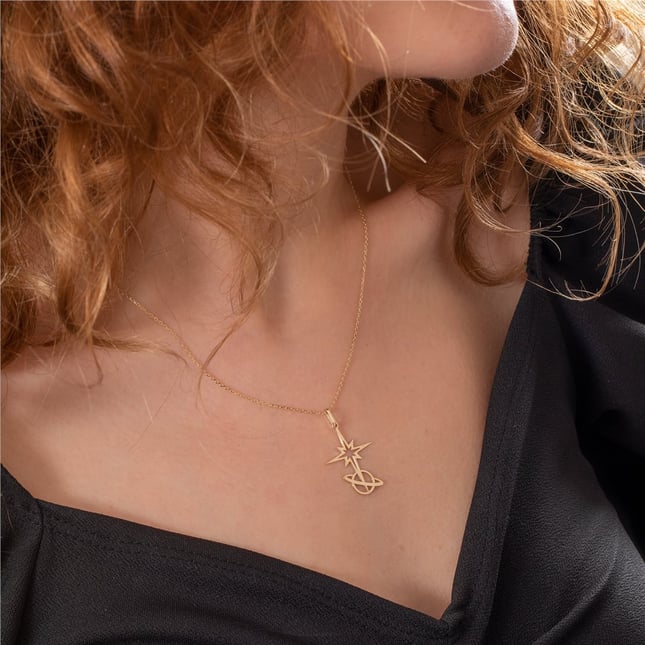 North Star Saturn Initial Solid Gold Necklace