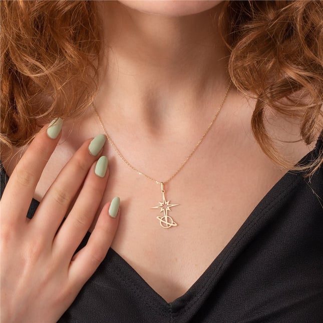 North Star Saturn Initial Solid Gold Necklace