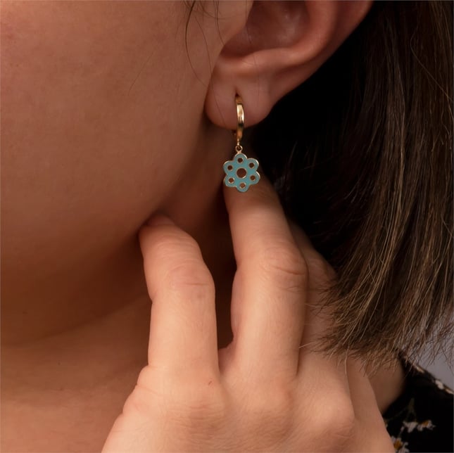 Turquoise Hoop Huggie Solid Gold Earring