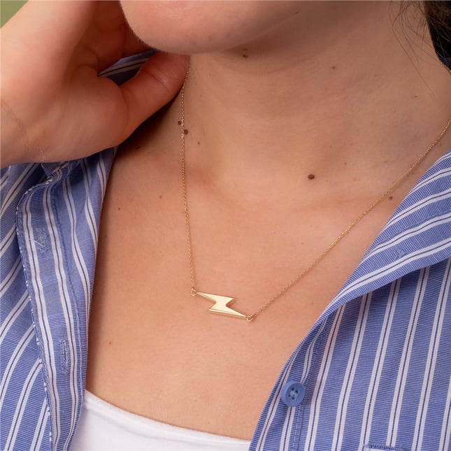 Cremation Lightning Engraved Solid Gold Necklace