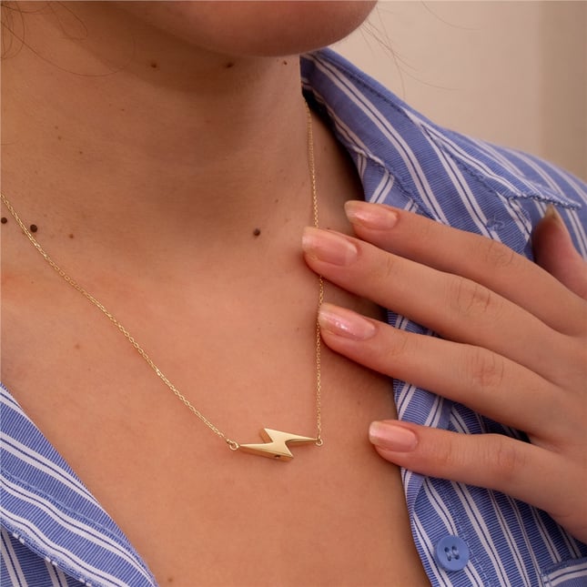 Cremation Lightning Engraved Solid Gold Necklace