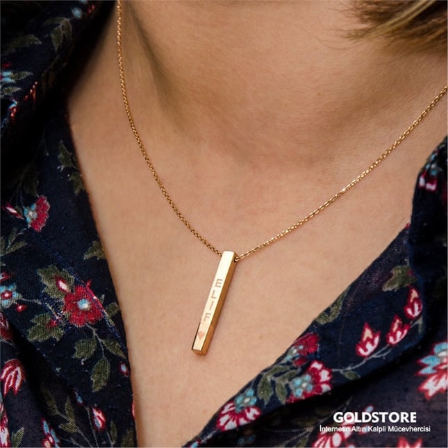 Engraved Personalized 3D Bar Solid Gold Necklace