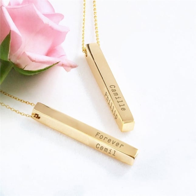 Engraved Personalized 3D Bar Solid Gold Necklace