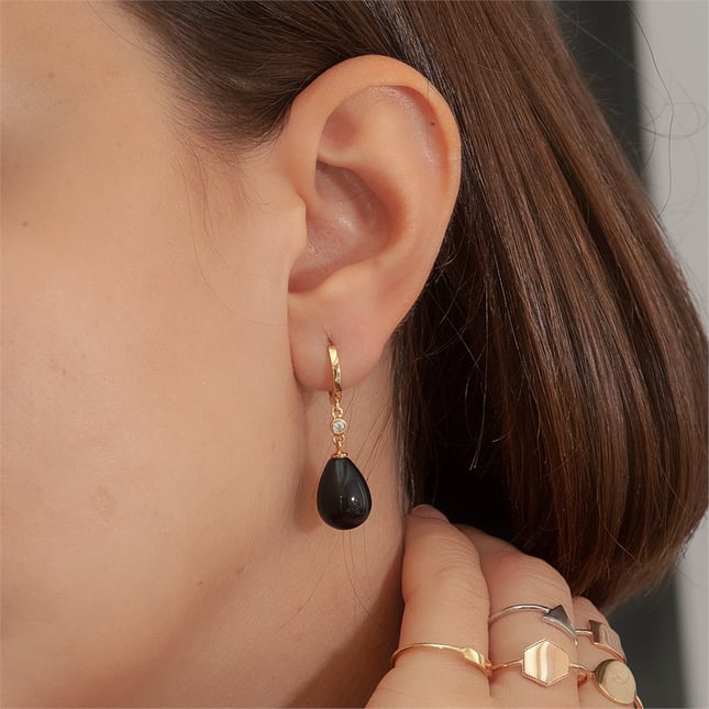 Pear Onix Hoop Huggie Solid Gold Earring
