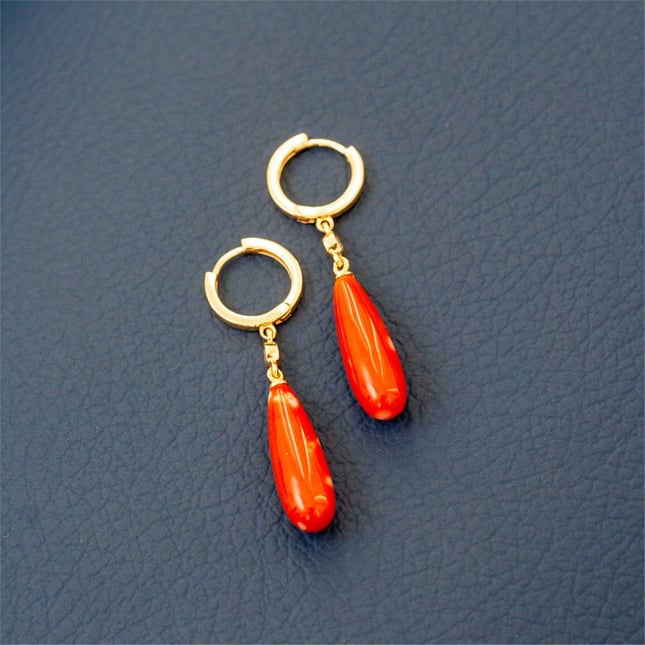 Pear Coral Dangle Hoop Huggie Solid Gold Earring
