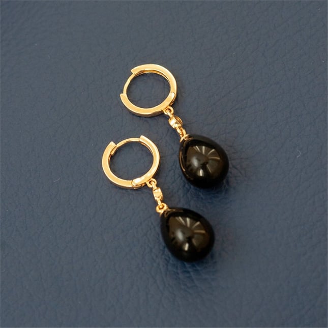 Pear Onix Hoop Huggie Solid Gold Earring