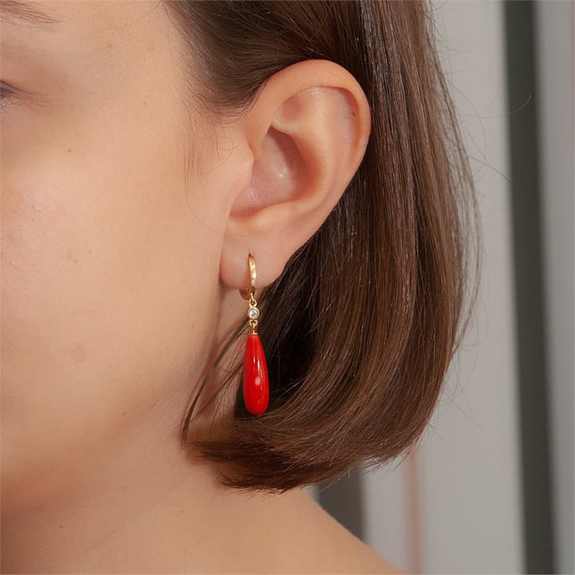 Pear Coral Dangle Hoop Huggie Solid Gold Earring