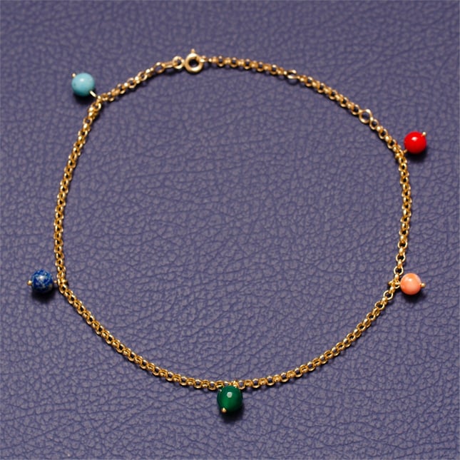 Turquoise Coral Dangle Charm Solid Gold Anklet