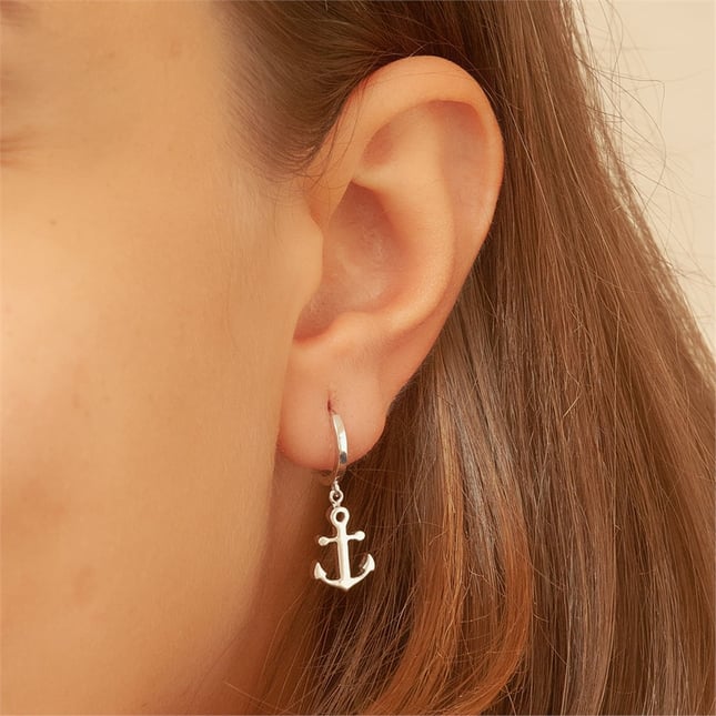 Anchor Hoop Huggie Dangle Charm Solid Gold Earring