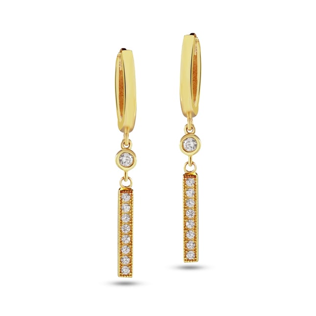 Vertical Bar Dangle Hoop Huggie Solid Gold Earring