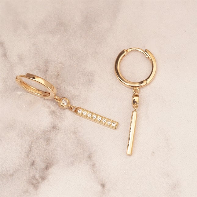 Vertical Bar Dangle Hoop Huggie Solid Gold Earring