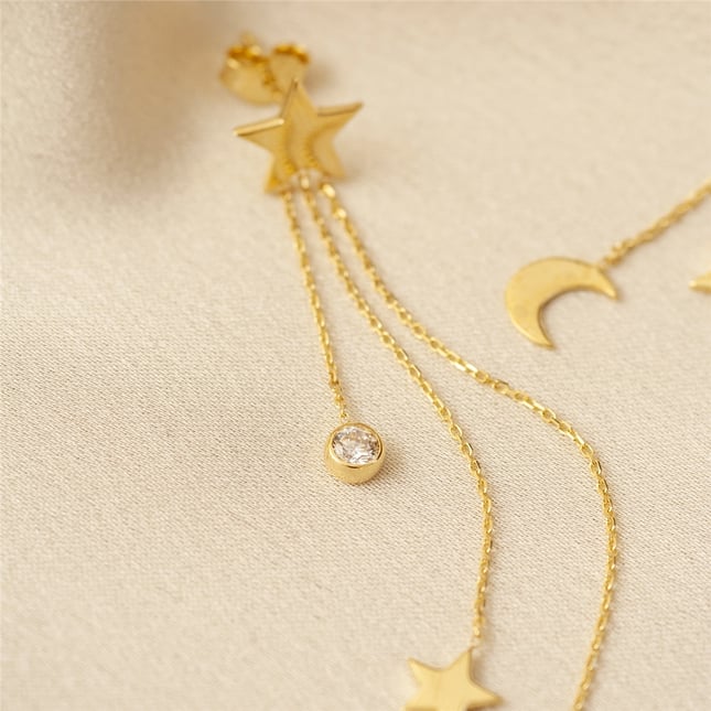 Crescent Moon Star Stud Dangle Solid Gold Earring