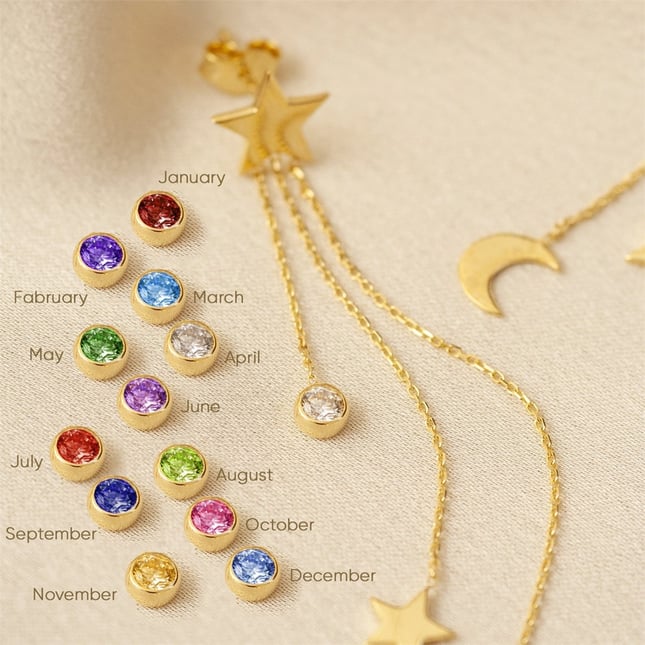 Crescent Moon Star Stud Dangle Solid Gold Earring