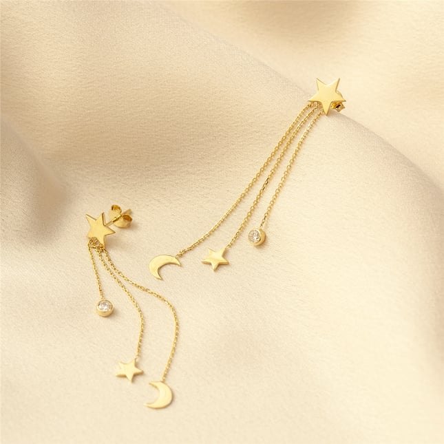 Crescent Moon Star Stud Dangle Solid Gold Earring
