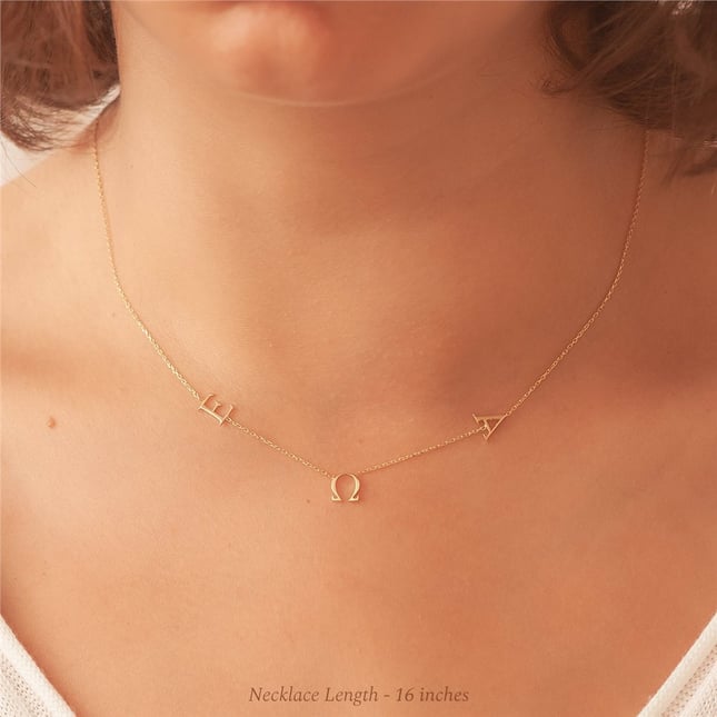 Sideways Letter & Zodiac Solid Gold Necklace