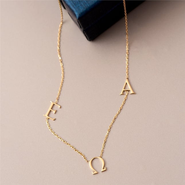 Sideways Letter & Zodiac Solid Gold Necklace