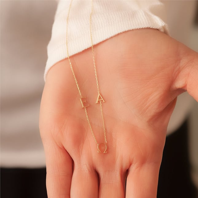 Sideways Letter & Zodiac Solid Gold Necklace